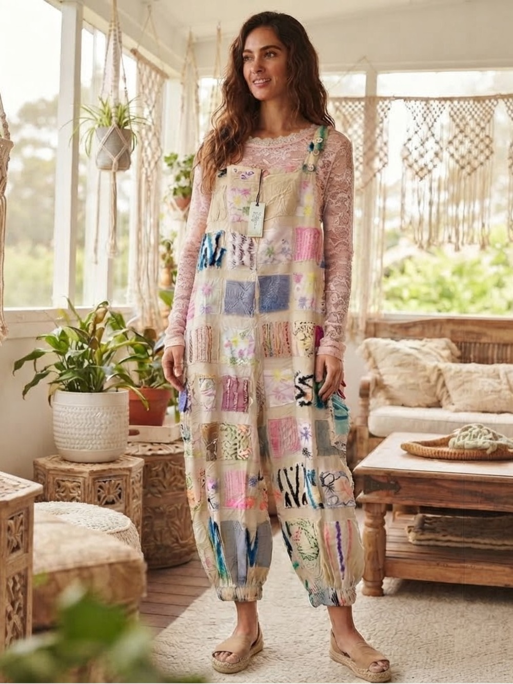 NWT Jaded Gypsy Ferris Wheel Dreams Patchwork Overalls L/XL Boho